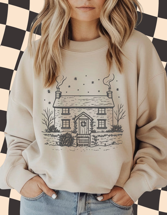 Cozy Winter Cottage Sketch Sweatshirt – Neutral Aesthetic Christmas Crewneck