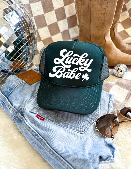 Lucky Babe Trucker Hat – St. Patrick’s Day Hat | Cute Green Clover Hat | Retro Western Trucker | Lucky Girl Aesthetic