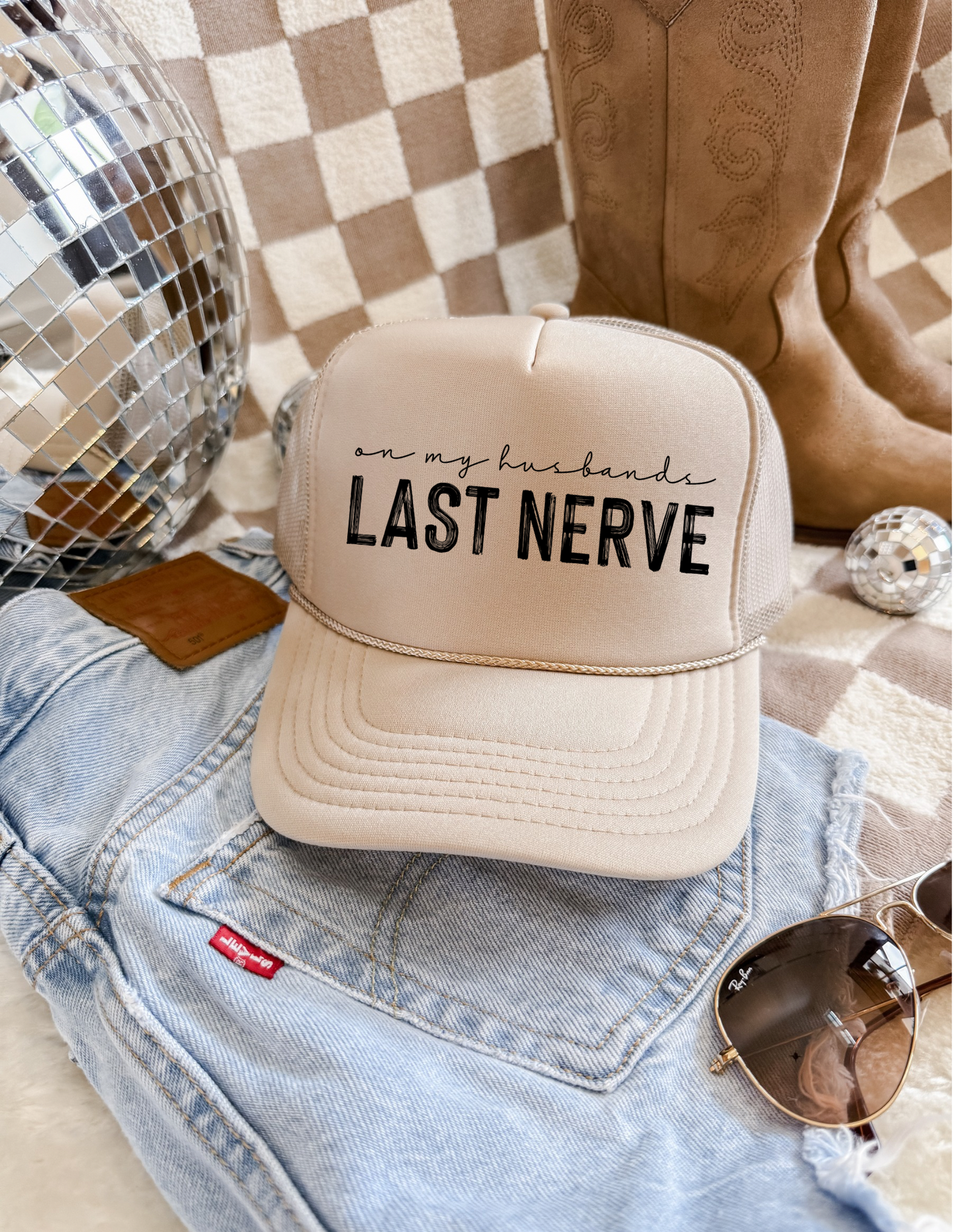 On My Husband’s Last Nerve Trucker Hat – Funny Neutral Mesh Hat for Moms, Wives, & Sass Queens