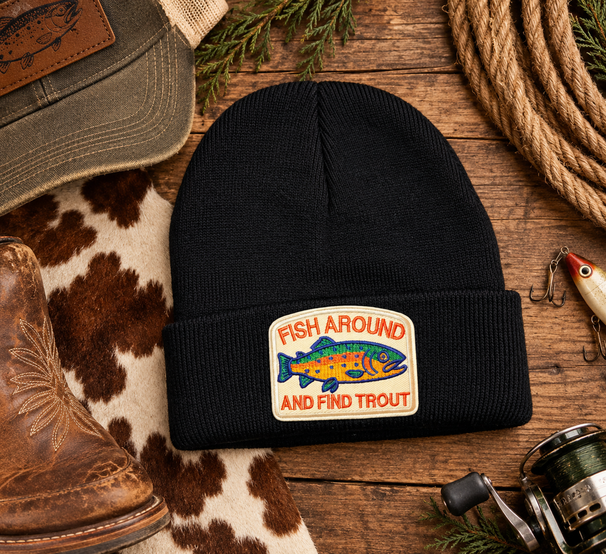 Fish Around & Find Trout Patch Beanie | Black Fishing Beanie