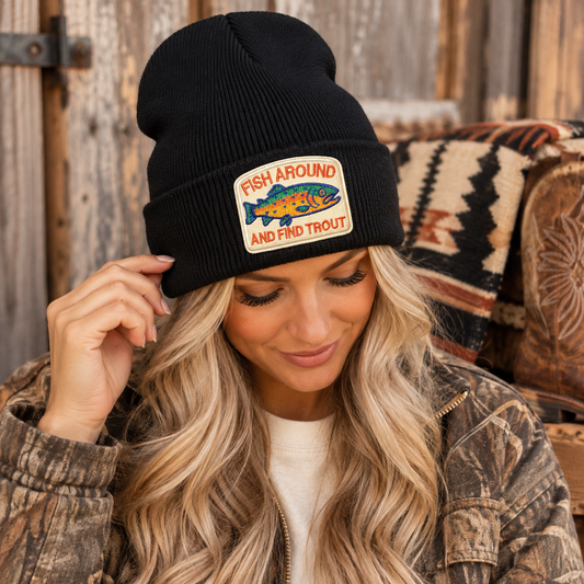 Fish Around & Find Trout Patch Beanie | Black Fishing Beanie
