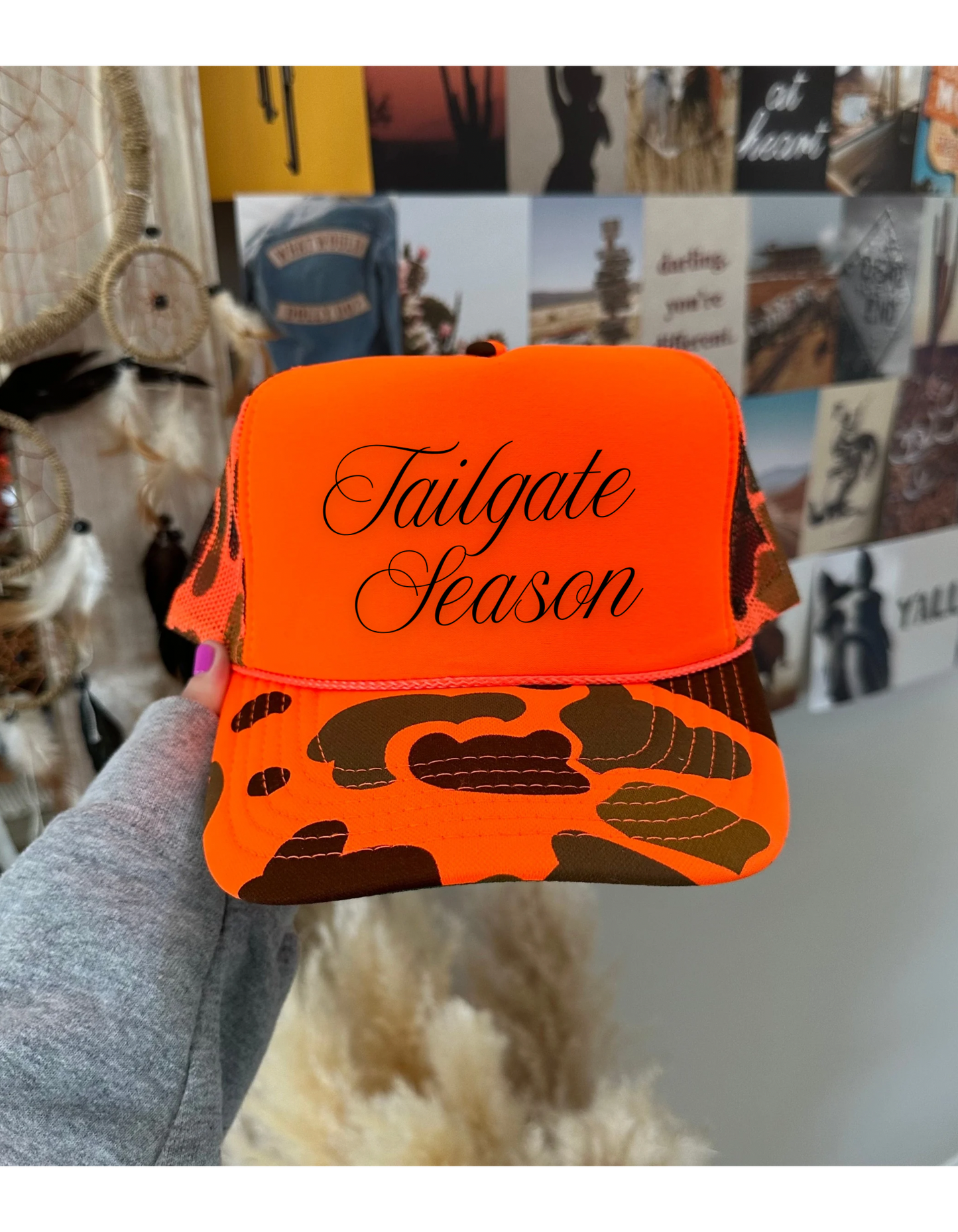 Tailgate Season Trucker Hat – Blaze Orange Camo Mesh Cap