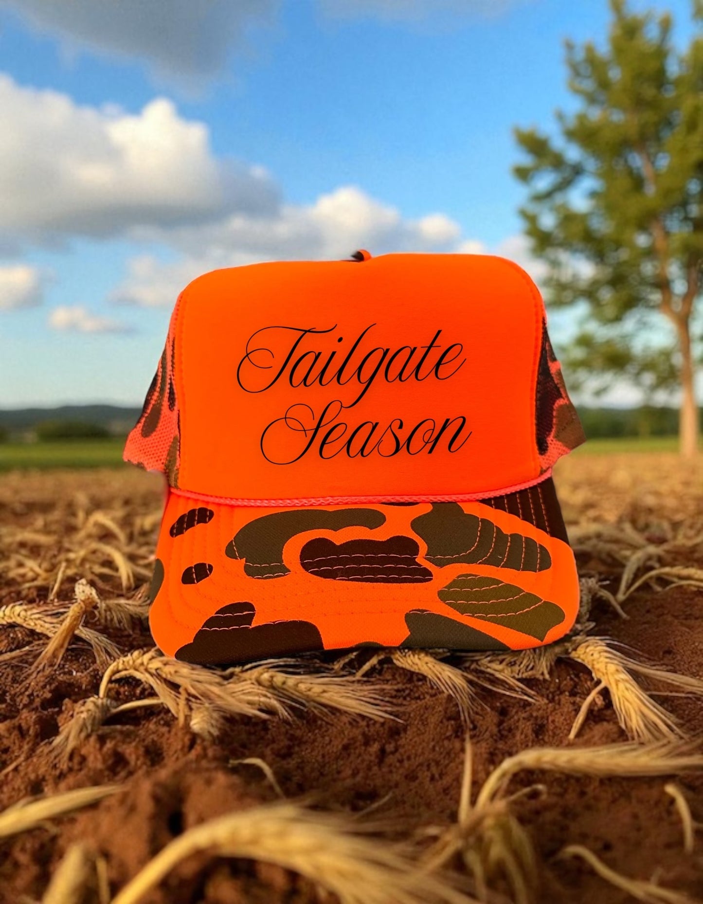 Tailgate Season Trucker Hat – Blaze Orange Camo Mesh Cap